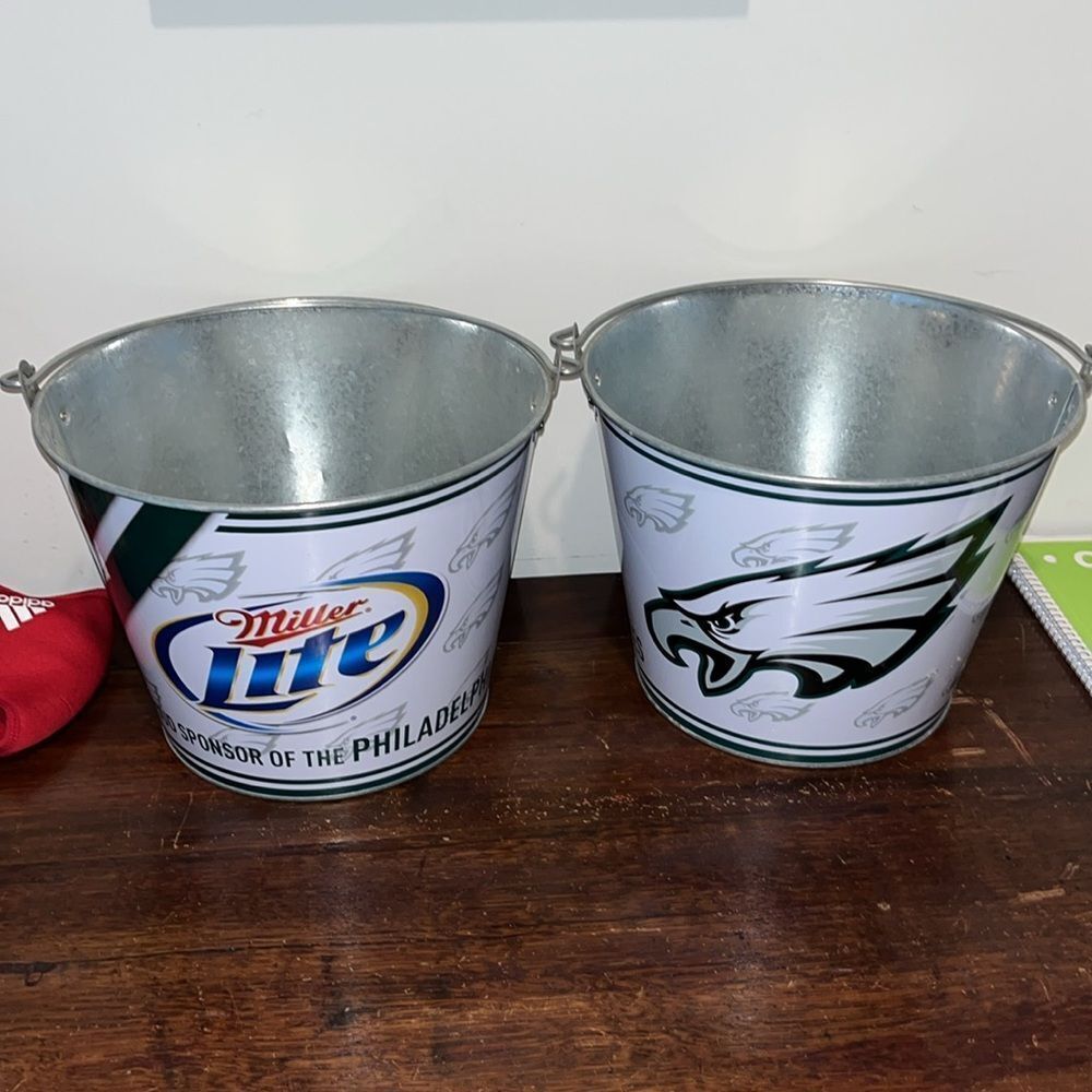 2 Philadelphia Eagles NFL Miller Lite Football Beer Bottle Steel Bar Den Bucket